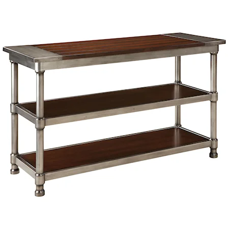 Contemporary 2 Shelf Console Table with Plank-Style Wood Top and Cylindrical Metal Legs